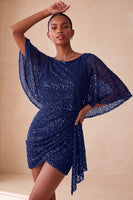 Laden Sie das Bild in den Galerie-Viewer, Glitzerndes Rosa Bodycon Rundhals Pailletten Gerafftes Kurzes Abendkleid mit Schärpe