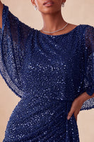 Laden Sie das Bild in den Galerie-Viewer, Glitzerndes Rosa Bodycon Rundhals Pailletten Gerafftes Kurzes Abendkleid mit Schärpe