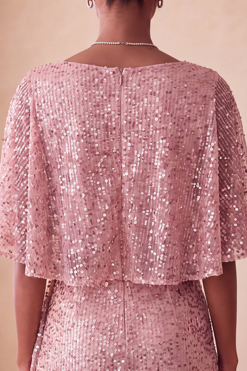 Laden Sie das Bild in den Galerie-Viewer, Glitzerndes Rosa Bodycon Rundhals Pailletten Gerafftes Kurzes Abendkleid mit Schärpe