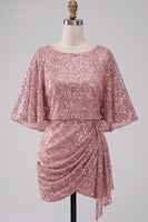 Laden Sie das Bild in den Galerie-Viewer, Glitzerndes Rosa Bodycon Rundhals Pailletten Gerafftes Kurzes Abendkleid mit Schärpe