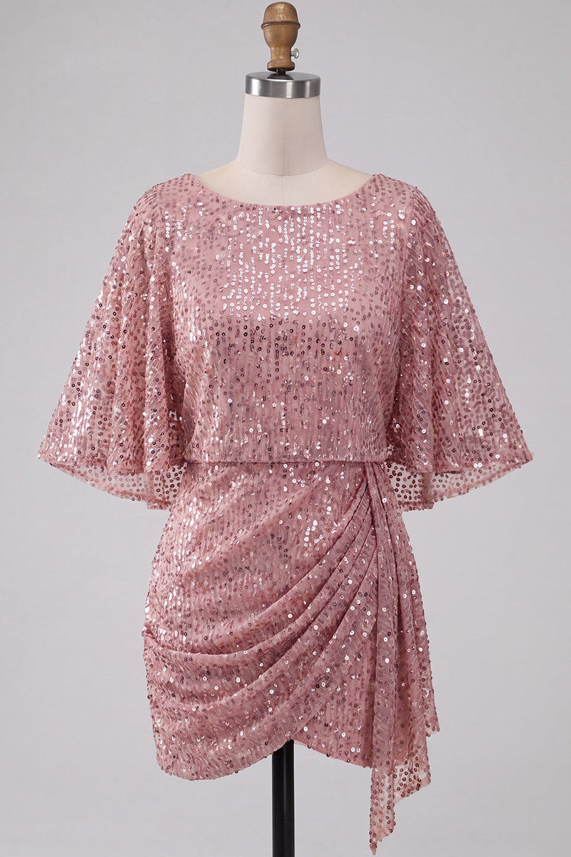 Laden Sie das Bild in den Galerie-Viewer, Glitzerndes Rosa Bodycon Rundhals Pailletten Gerafftes Kurzes Abendkleid mit Schärpe