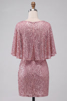 Laden Sie das Bild in den Galerie-Viewer, Glitzerndes Rosa Bodycon Rundhals Pailletten Gerafftes Kurzes Abendkleid mit Schärpe