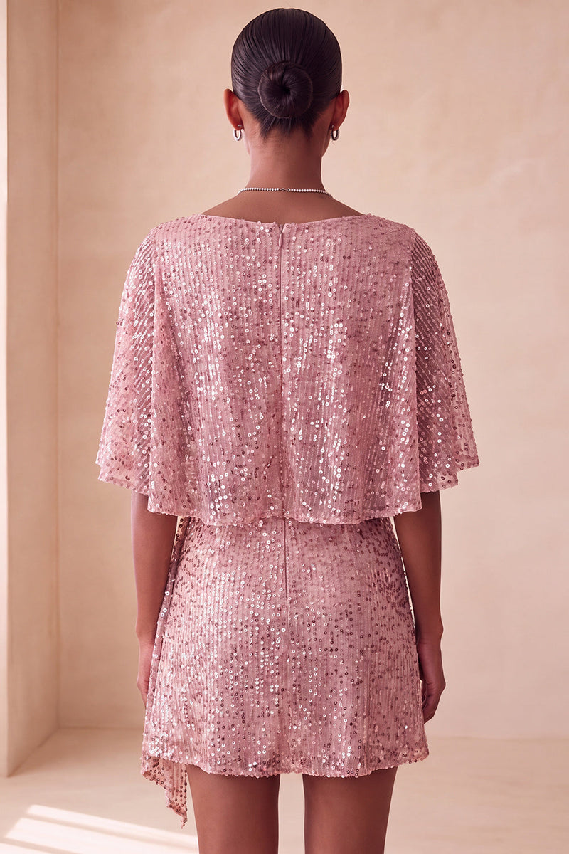 Laden Sie das Bild in den Galerie-Viewer, Glitzerndes Rosa Bodycon Rundhals Pailletten Gerafftes Kurzes Abendkleid mit Schärpe