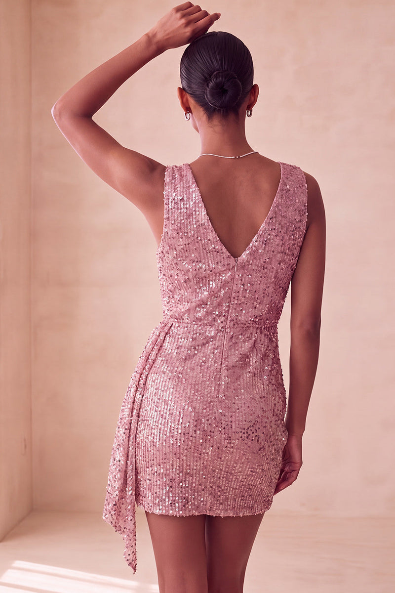 Laden Sie das Bild in den Galerie-Viewer, Glitzerndes Rosa Bodycon Rundhals Pailletten Gerafftes Kurzes Abendkleid mit Schärpe
