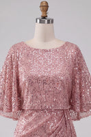 Laden Sie das Bild in den Galerie-Viewer, Glitzerndes Rosa Bodycon Rundhals Pailletten Gerafftes Kurzes Abendkleid mit Schärpe