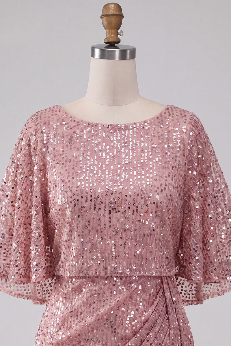 Laden Sie das Bild in den Galerie-Viewer, Glitzerndes Rosa Bodycon Rundhals Pailletten Gerafftes Kurzes Abendkleid mit Schärpe