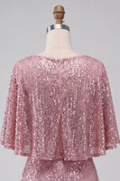 Laden Sie das Bild in den Galerie-Viewer, Glitzerndes Rosa Bodycon Rundhals Pailletten Gerafftes Kurzes Abendkleid mit Schärpe