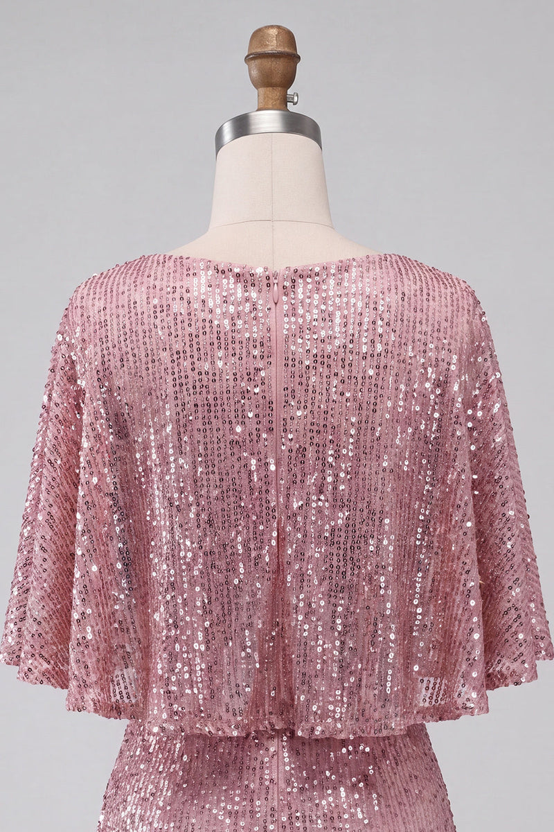 Laden Sie das Bild in den Galerie-Viewer, Glitzerndes Rosa Bodycon Rundhals Pailletten Gerafftes Kurzes Abendkleid mit Schärpe