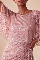 Laden Sie das Bild in den Galerie-Viewer, Glitzerndes Rosa Bodycon Rundhals Pailletten Gerafftes Kurzes Abendkleid mit Schärpe