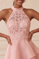Laden Sie das Bild in den Galerie-Viewer, Halter Himmelblau Gestuftes A-Linie A-Linie Kurzes Abendkleid mit Pailletten