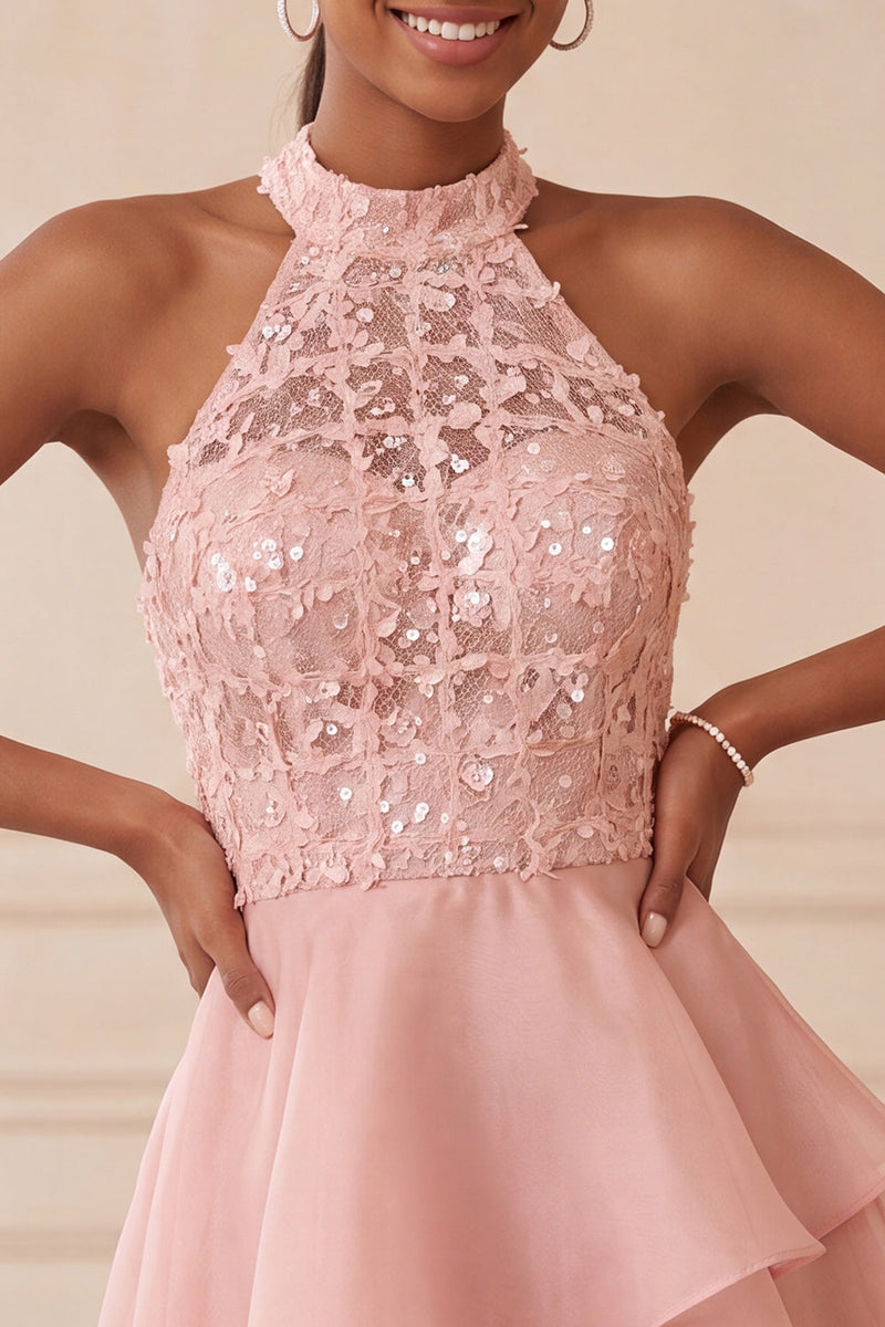Laden Sie das Bild in den Galerie-Viewer, Halter Himmelblau Gestuftes A-Linie A-Linie Kurzes Abendkleid mit Pailletten