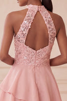 Laden Sie das Bild in den Galerie-Viewer, Halter Himmelblau Gestuftes A-Linie A-Linie Kurzes Abendkleid mit Pailletten