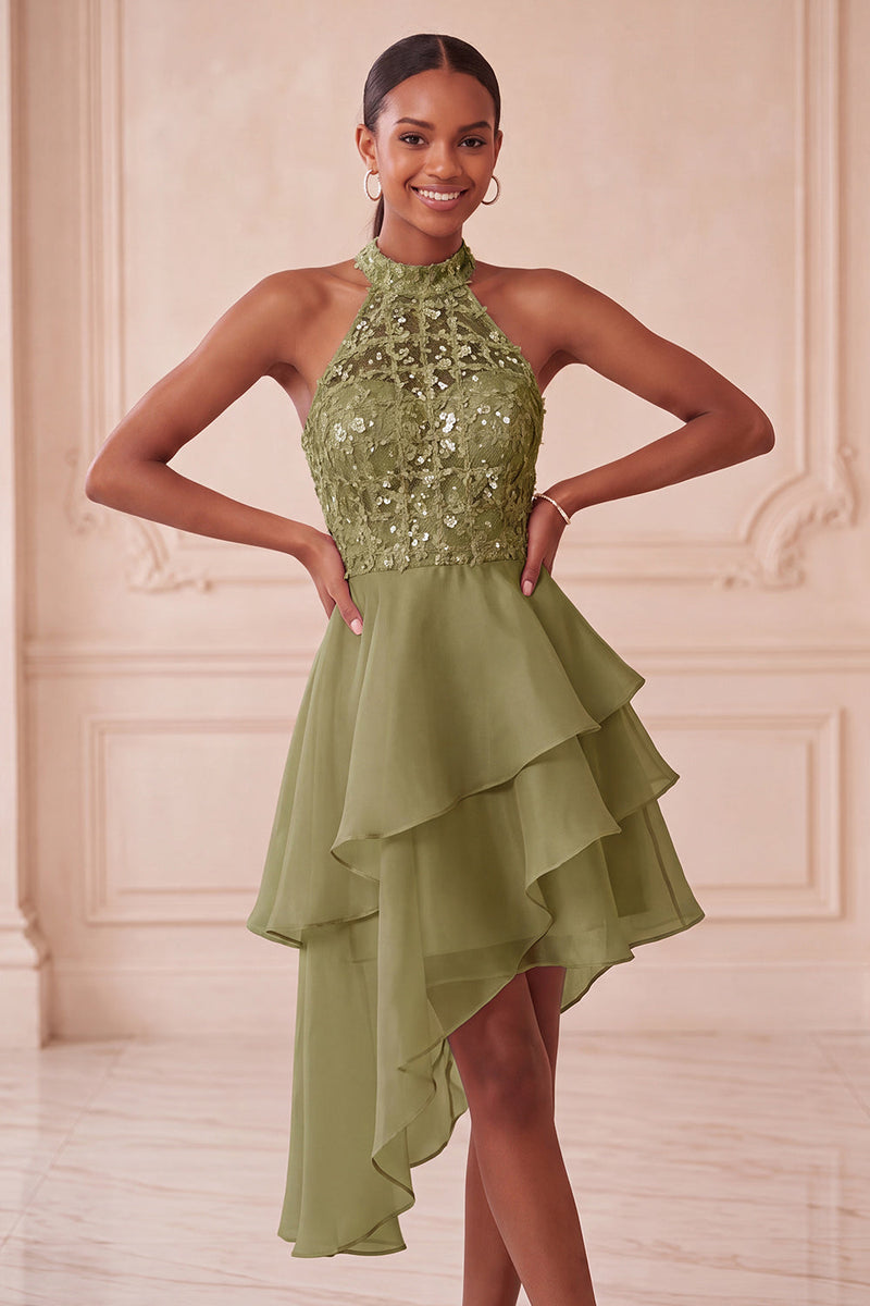 Laden Sie das Bild in den Galerie-Viewer, Halter Himmelblau Gestuftes A-Linie A-Linie Kurzes Abendkleid mit Pailletten