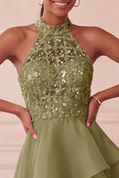 Laden Sie das Bild in den Galerie-Viewer, Halter Himmelblau Gestuftes A-Linie A-Linie Kurzes Abendkleid mit Pailletten