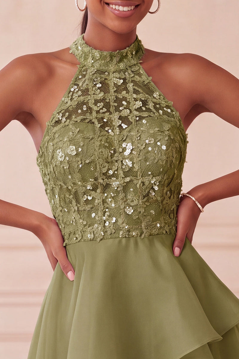 Laden Sie das Bild in den Galerie-Viewer, Halter Himmelblau Gestuftes A-Linie A-Linie Kurzes Abendkleid mit Pailletten