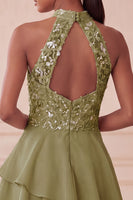 Laden Sie das Bild in den Galerie-Viewer, Halter Himmelblau Gestuftes A-Linie A-Linie Kurzes Abendkleid mit Pailletten