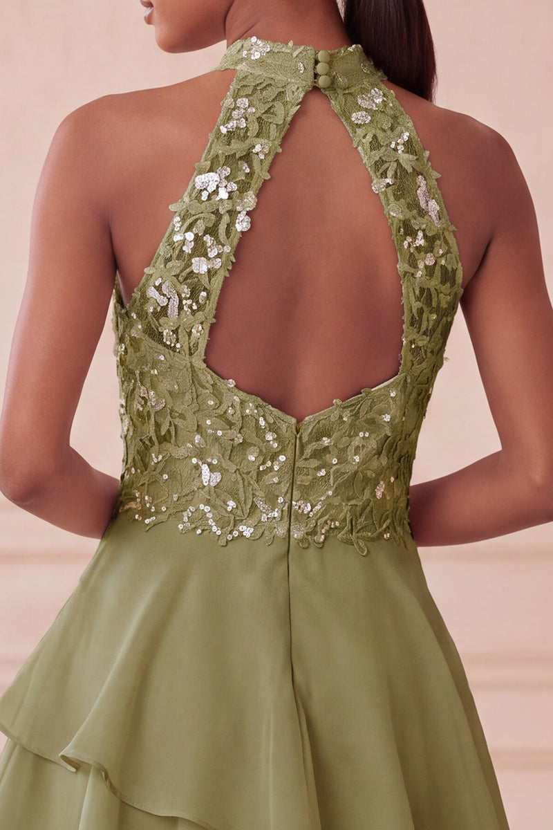 Laden Sie das Bild in den Galerie-Viewer, Halter Himmelblau Gestuftes A-Linie A-Linie Kurzes Abendkleid mit Pailletten