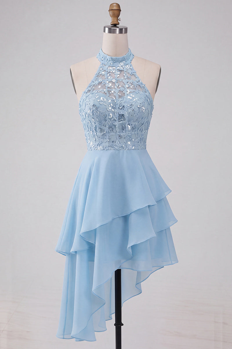 Laden Sie das Bild in den Galerie-Viewer, Halter Himmelblau Gestuftes A-Linie A-Linie Kurzes Abendkleid mit Pailletten