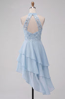 Laden Sie das Bild in den Galerie-Viewer, Halter Himmelblau Gestuftes A-Linie A-Linie Kurzes Abendkleid mit Pailletten