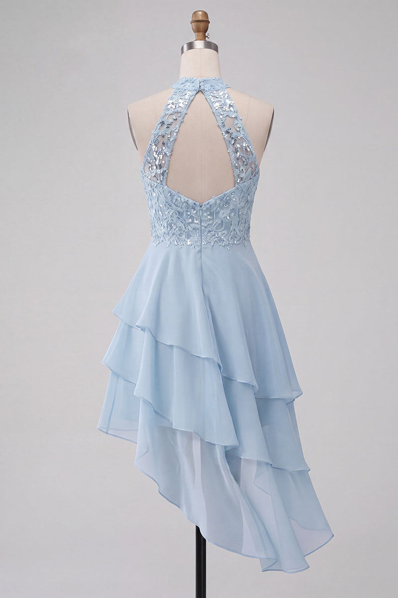 Laden Sie das Bild in den Galerie-Viewer, Halter Himmelblau Gestuftes A-Linie A-Linie Kurzes Abendkleid mit Pailletten