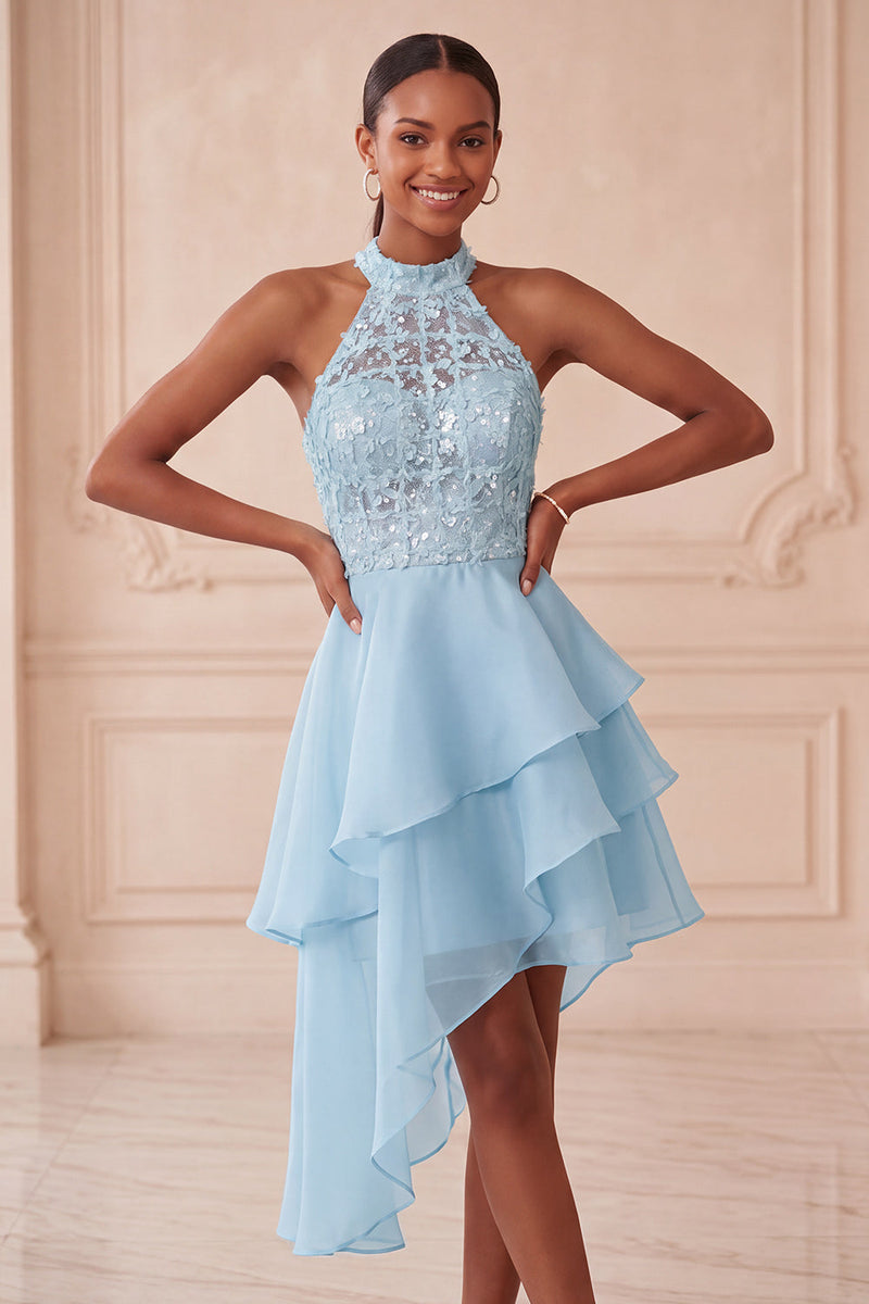 Laden Sie das Bild in den Galerie-Viewer, Halter Himmelblau Gestuftes A-Linie A-Linie Kurzes Abendkleid mit Pailletten