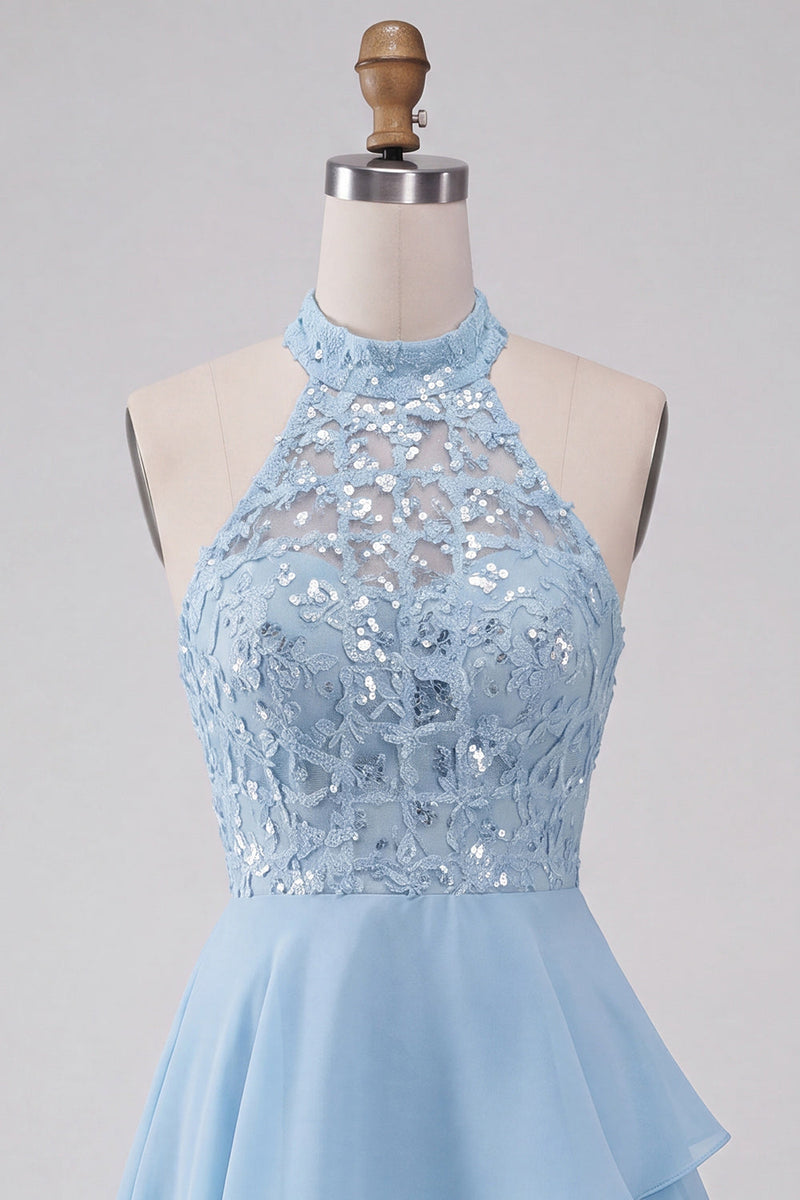 Laden Sie das Bild in den Galerie-Viewer, Halter Himmelblau Gestuftes A-Linie A-Linie Kurzes Abendkleid mit Pailletten