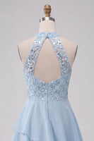 Laden Sie das Bild in den Galerie-Viewer, Halter Himmelblau Gestuftes A-Linie A-Linie Kurzes Abendkleid mit Pailletten