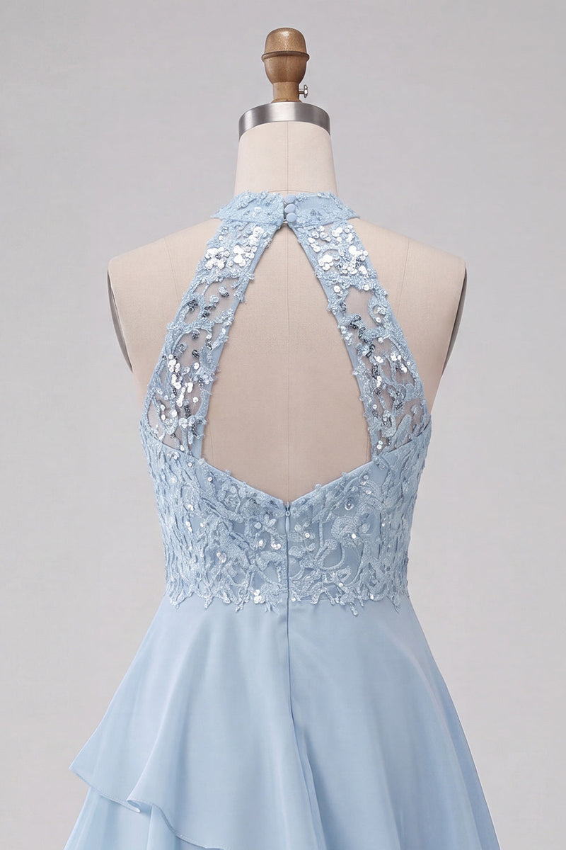 Laden Sie das Bild in den Galerie-Viewer, Halter Himmelblau Gestuftes A-Linie A-Linie Kurzes Abendkleid mit Pailletten