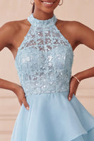 Laden Sie das Bild in den Galerie-Viewer, Halter Himmelblau Gestuftes A-Linie A-Linie Kurzes Abendkleid mit Pailletten
