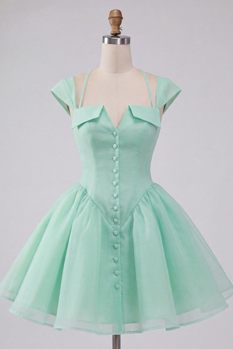 Laden Sie das Bild in den Galerie-Viewer, Mintgrünes A-Linie Einreihiges Kurzes Abendkleid mit Mützenärmeln
