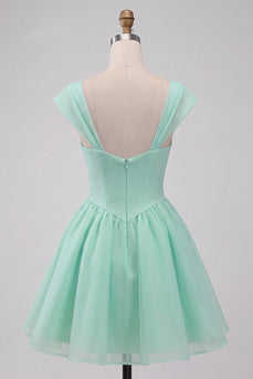 Mintgrünes A-Linie Einreihiges Kurzes Abendkleid mit Mützenärmeln