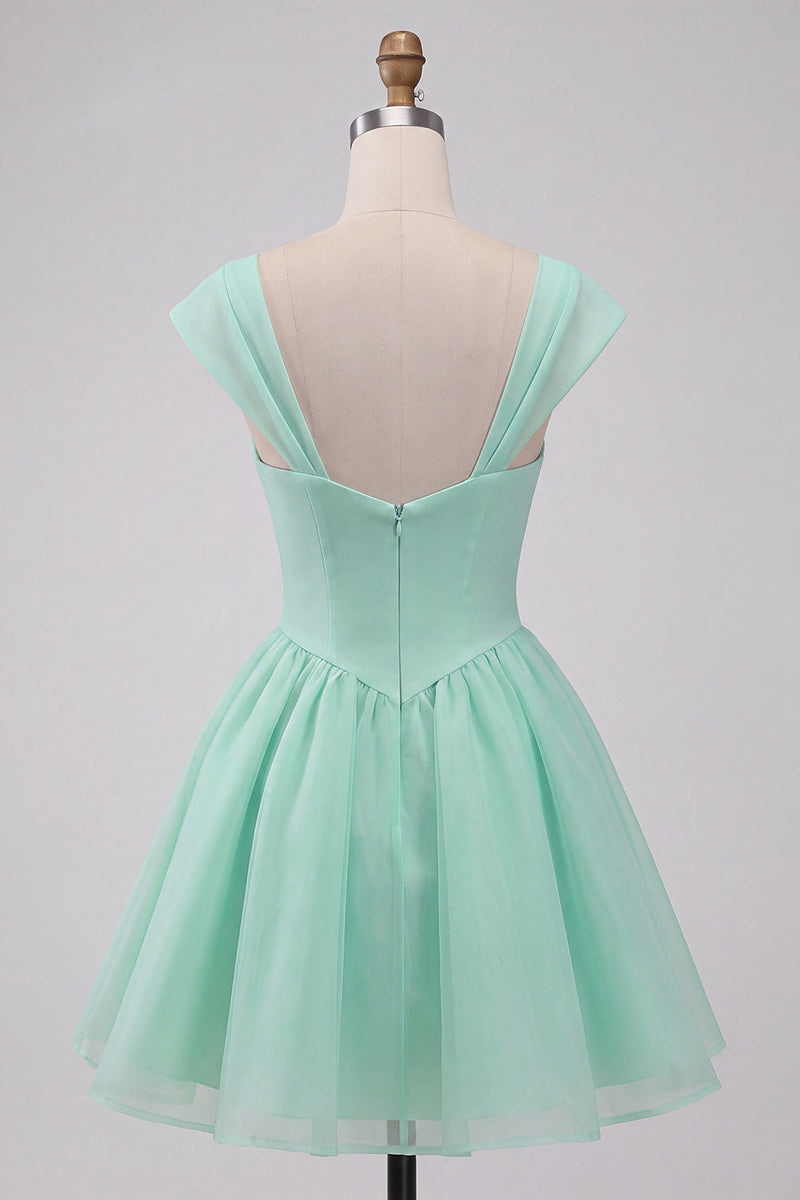 Laden Sie das Bild in den Galerie-Viewer, Mintgrünes A-Linie Einreihiges Kurzes Abendkleid mit Mützenärmeln