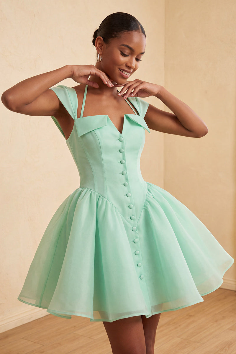 Laden Sie das Bild in den Galerie-Viewer, Mintgrünes A-Linie Einreihiges Kurzes Abendkleid mit Mützenärmeln