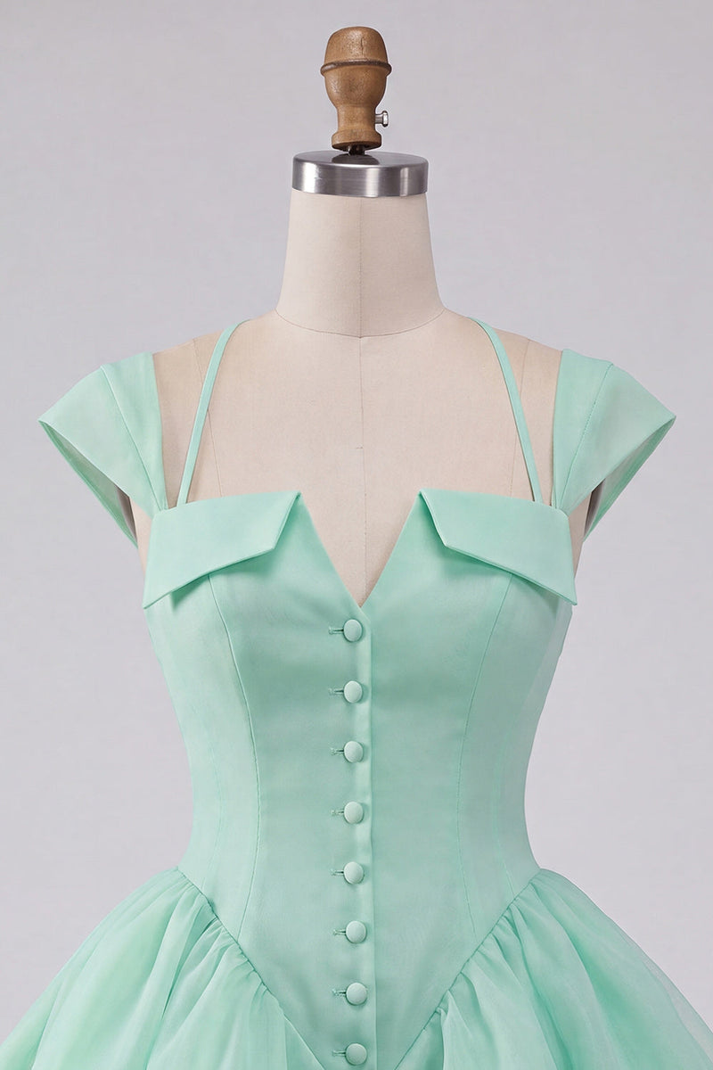 Laden Sie das Bild in den Galerie-Viewer, Mintgrünes A-Linie Einreihiges Kurzes Abendkleid mit Mützenärmeln