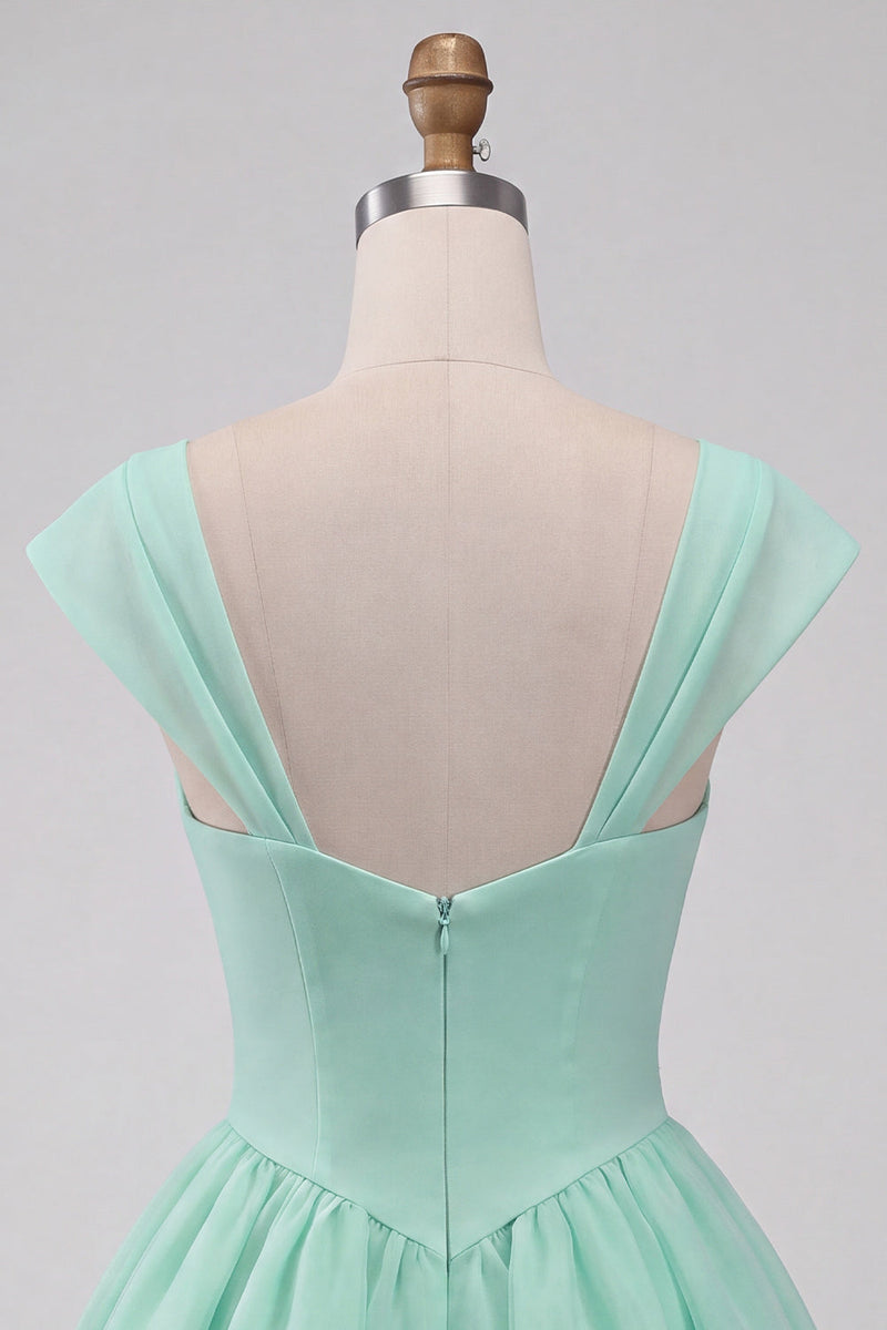 Laden Sie das Bild in den Galerie-Viewer, Mintgrünes A-Linie Einreihiges Kurzes Abendkleid mit Mützenärmeln