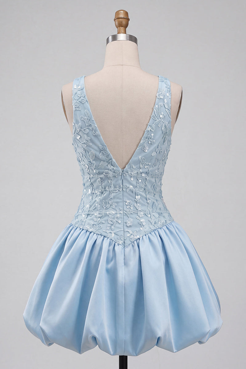 Laden Sie das Bild in den Galerie-Viewer, Himmelblaues A-Linie V-Ausschnitt Kurzes Abendkleid