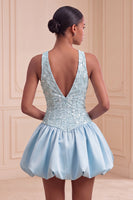 Laden Sie das Bild in den Galerie-Viewer, Himmelblaues A-Linie V-Ausschnitt Kurzes Abendkleid