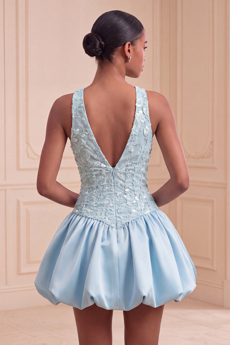 Laden Sie das Bild in den Galerie-Viewer, Himmelblaues A-Linie V-Ausschnitt Kurzes Abendkleid