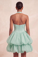 Laden Sie das Bild in den Galerie-Viewer, Rosa Neckholderhals Rüschen A-Linie Kurzes Abendkleid