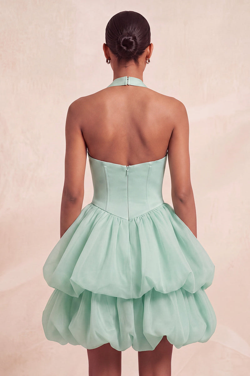 Laden Sie das Bild in den Galerie-Viewer, Rosa Neckholderhals Rüschen A-Linie Kurzes Abendkleid