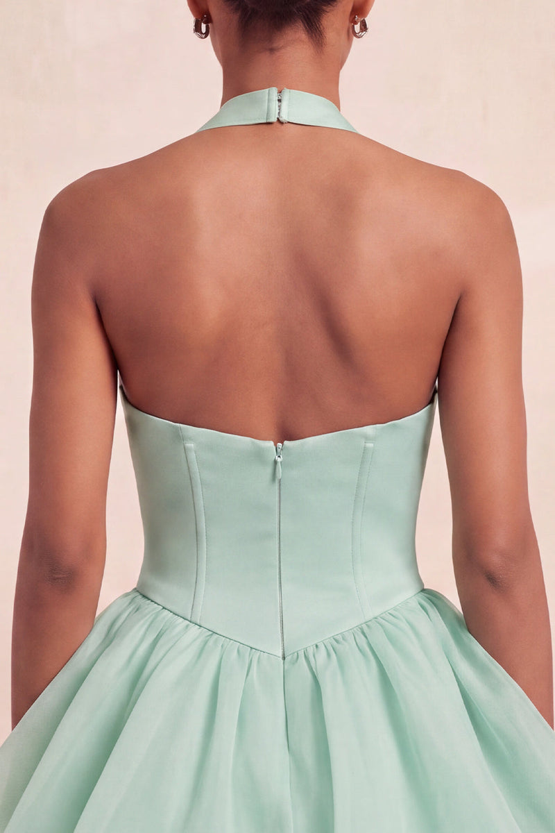 Laden Sie das Bild in den Galerie-Viewer, Rosa Neckholderhals Rüschen A-Linie Kurzes Abendkleid