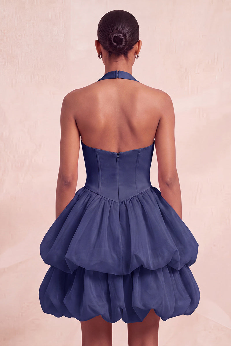 Laden Sie das Bild in den Galerie-Viewer, Rosa Neckholderhals Rüschen A-Linie Kurzes Abendkleid