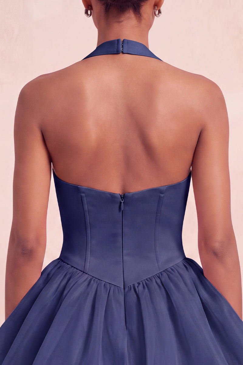 Laden Sie das Bild in den Galerie-Viewer, Rosa Neckholderhals Rüschen A-Linie Kurzes Abendkleid