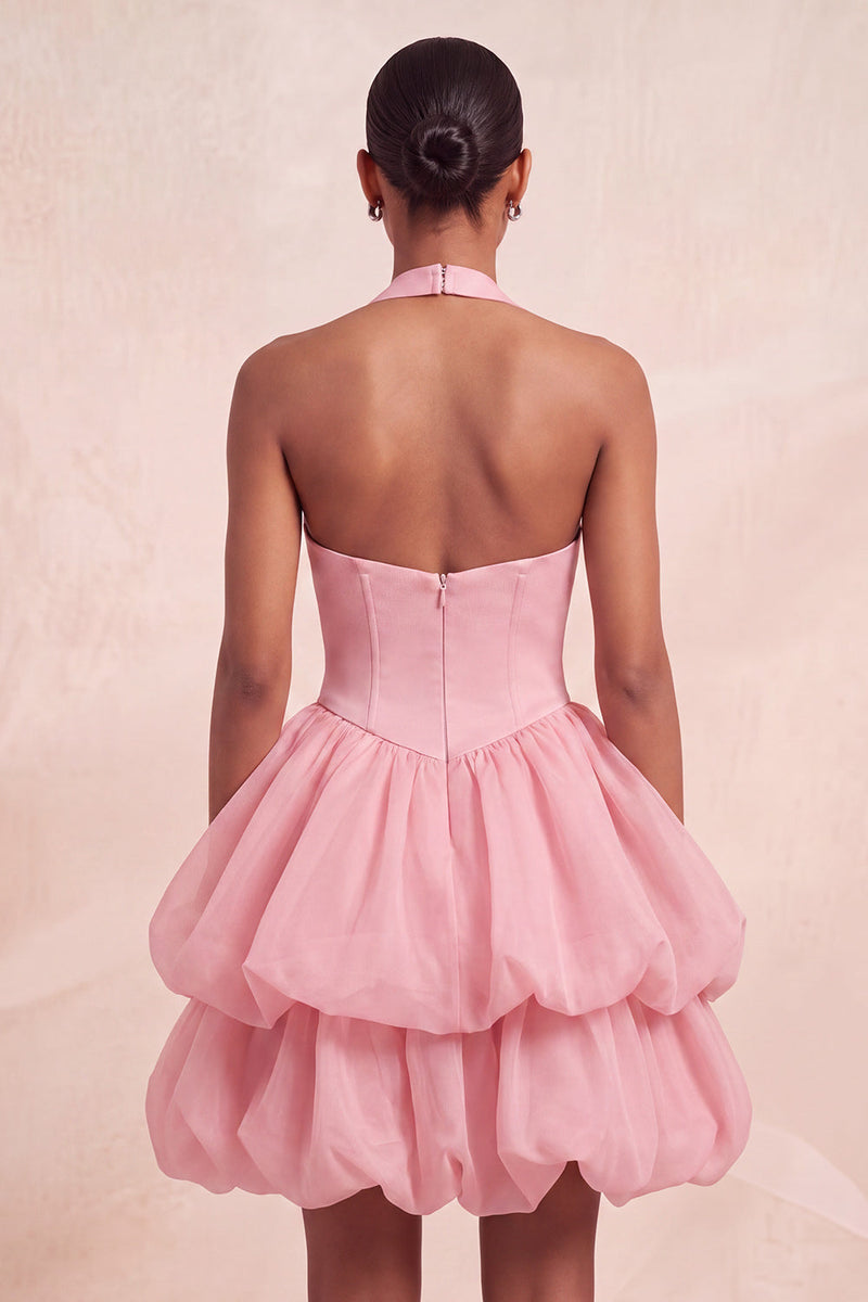 Laden Sie das Bild in den Galerie-Viewer, Rosa Neckholderhals Rüschen A-Linie Kurzes Abendkleid