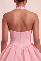 Laden Sie das Bild in den Galerie-Viewer, Rosa Neckholderhals Rüschen A-Linie Kurzes Abendkleid