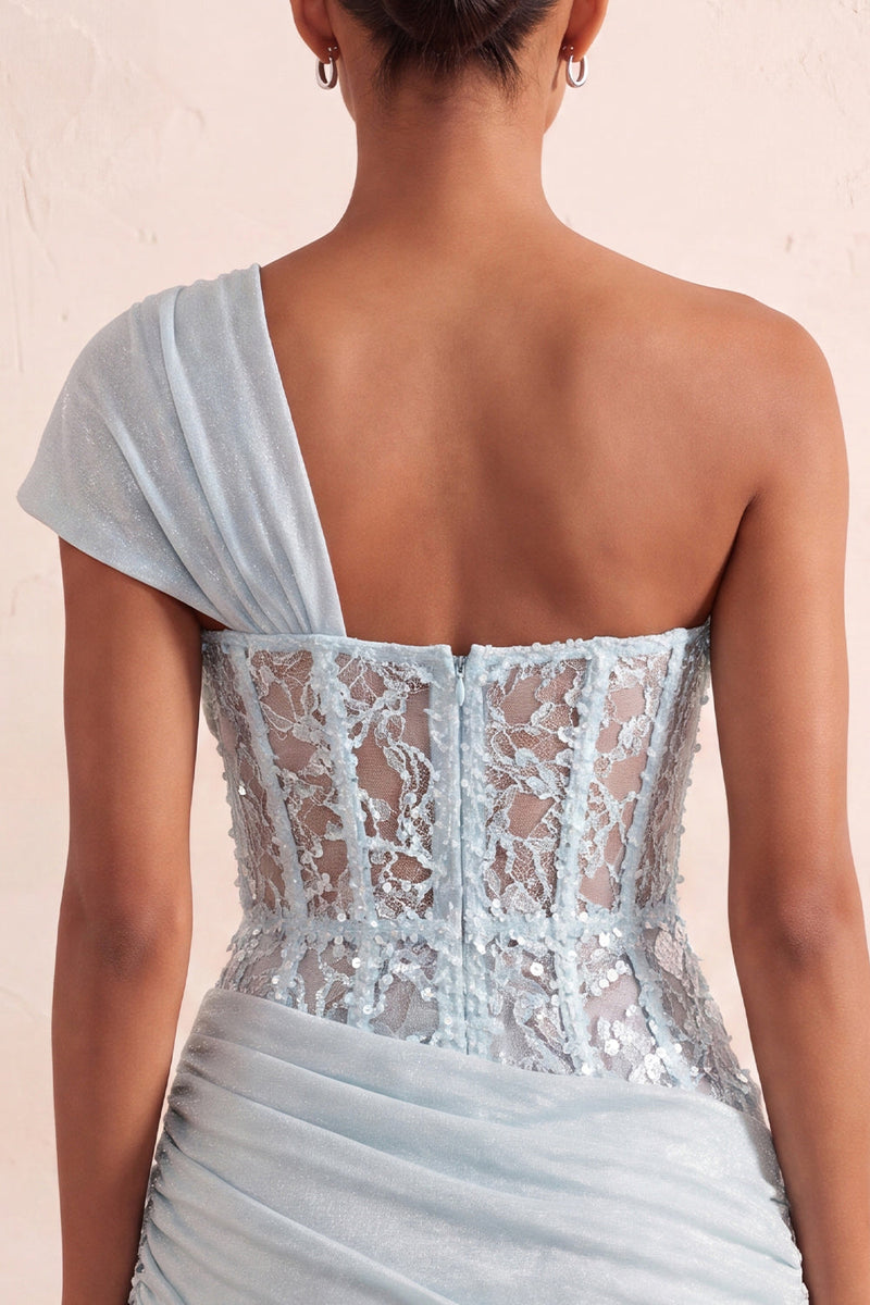 Laden Sie das Bild in den Galerie-Viewer, Olive Durchsichtiges Korsett Gerafftes Kurzes Abendkleid mit einer Schulter und Schnürung