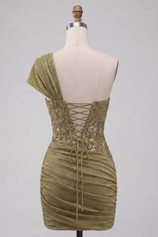 Olive Durchsichtiges Korsett Gerafftes Kurzes Abendkleid mit einer Schulter und Schnürung