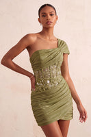 Laden Sie das Bild in den Galerie-Viewer, Olive Durchsichtiges Korsett Gerafftes Kurzes Abendkleid mit einer Schulter und Schnürung