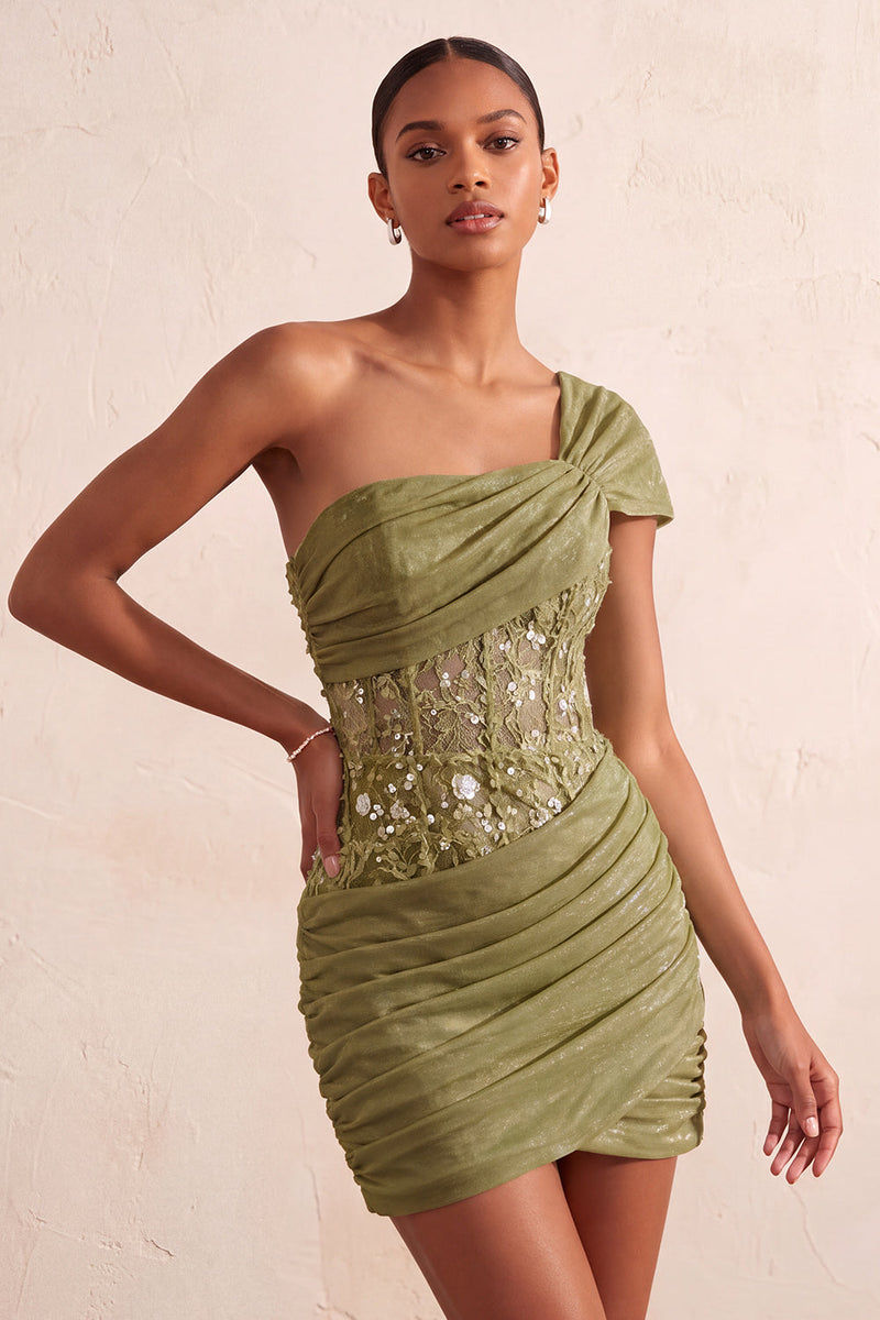 Laden Sie das Bild in den Galerie-Viewer, Olive Durchsichtiges Korsett Gerafftes Kurzes Abendkleid mit einer Schulter und Schnürung