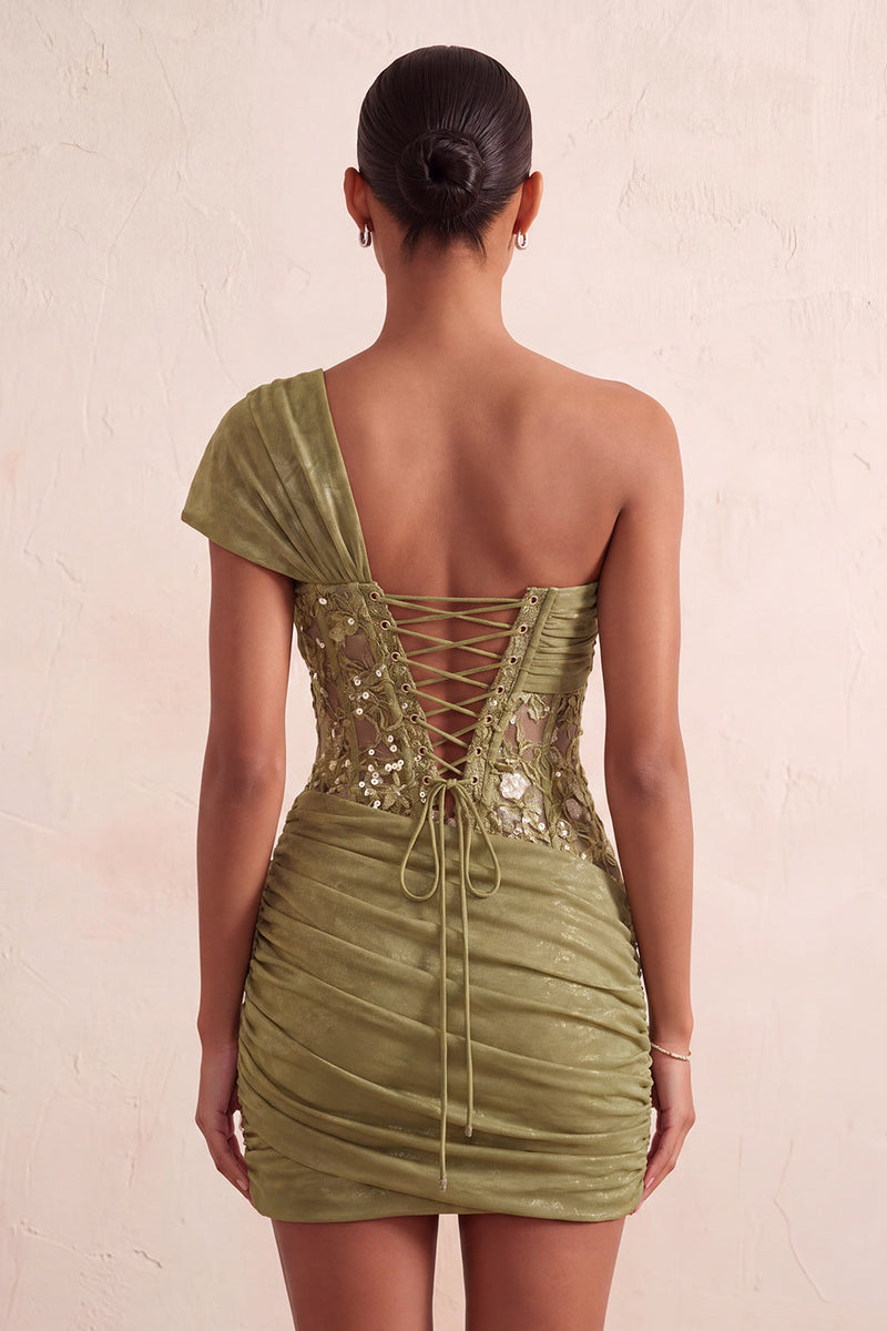 Laden Sie das Bild in den Galerie-Viewer, Olive Durchsichtiges Korsett Gerafftes Kurzes Abendkleid mit einer Schulter und Schnürung